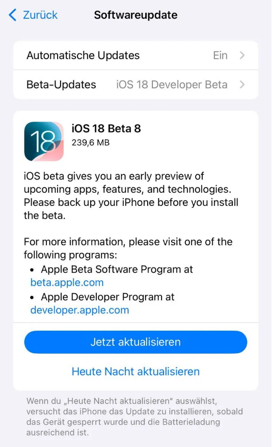 青浦苹果手机维修分享苹果 iOS / iPadOS 18 开发者预览版 Beta 8 发布 